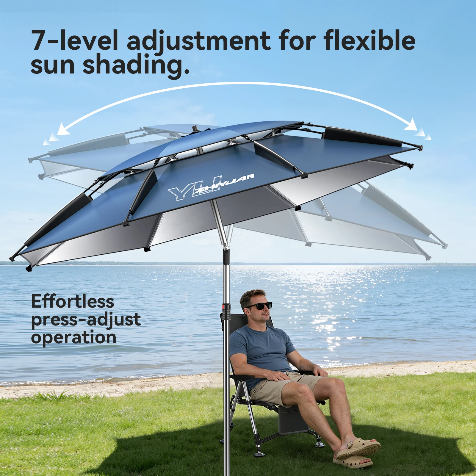 Großer Angel- und Outdoor-Schirm | Strandschirm UPF 50+ Sonnenschutz UV-Schutz Wasserdicht Windbeständig Faltbar Tragbar Verstellbar – Detail 2