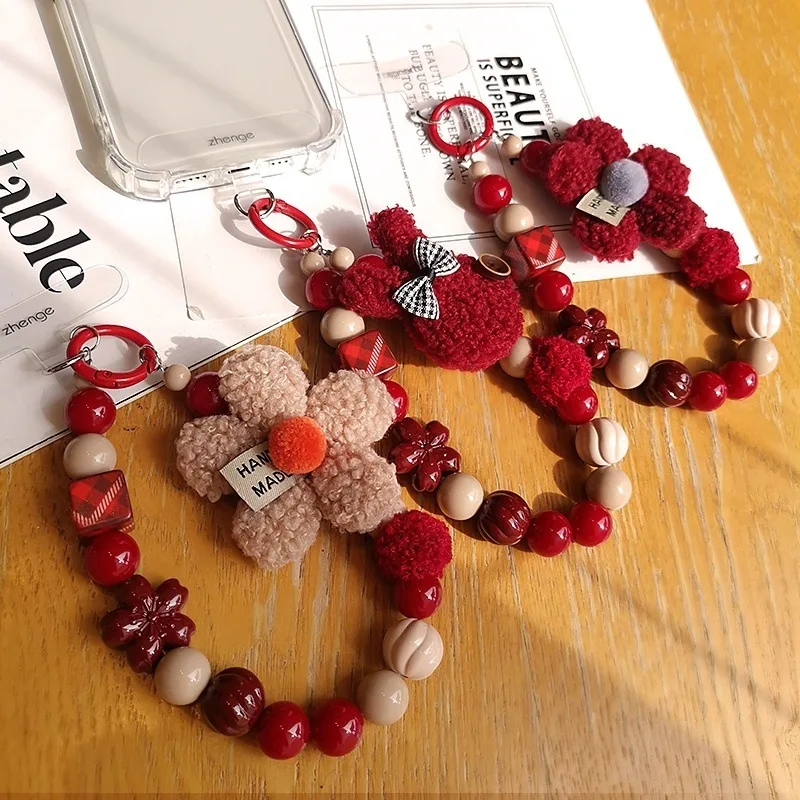 

Плюшевый кролик с цветком, круглые бусины, цепочка для мобильного телефона, ремешок, модный женский высококачественный чехол с подвеской на запястье, чехол для мобильного телефона