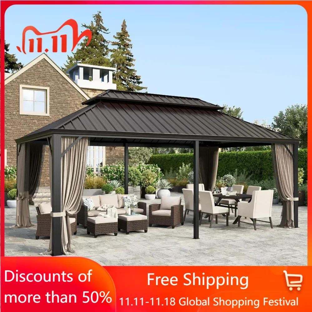 12’x20’ Hardtop Gazebo Canopy, Outdoor Galvanized Steel Double Roof Gazebo, Aluminum Frame Pavilion with Netting and Curtains