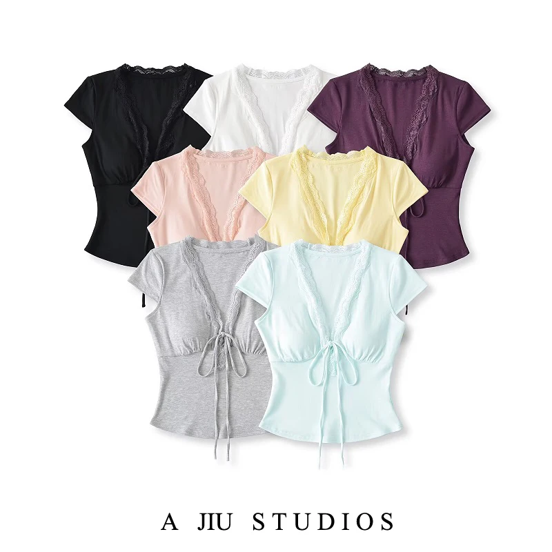 Sexy Lace V-ne T-irt Women's Summer ort Sve Slimming ort Dring Pure Desire Sle with Chest Pad Belted ort Top