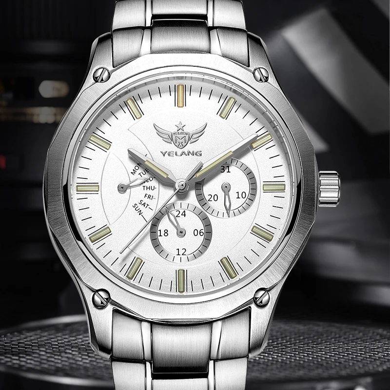 Yelang V1027 Деловой отдых Тип ремня Кварцевые часы Шестиконтактный механизм Flyback с двойным календарем 41 мм 10 бар Профессиональный водонепроницаемый