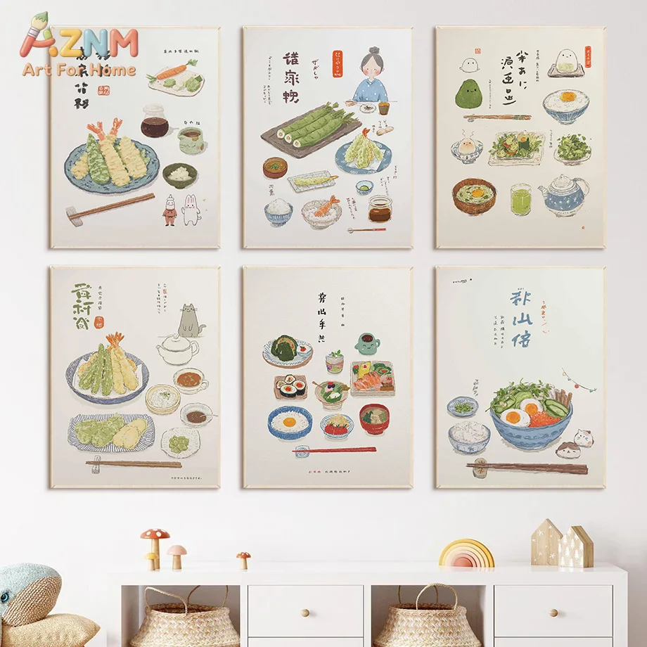 AZNM Japanese Food Canvas Wall Art Vintage Sushi Tempura Watercolor Print Frameless Canvas Painting Kitchen Restaurant Decor Pos