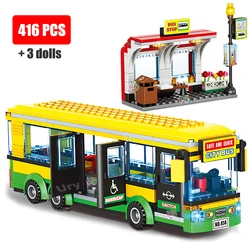 City Car Yellow Passenger School Bus Station Single-Deck Public Set Figures Model Building Blocks DIY Toys for Boys Gifts