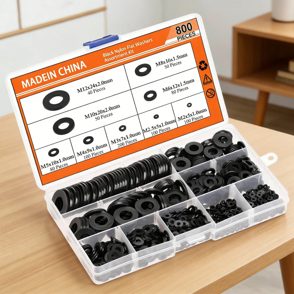 

800pcs Black Plastic Nylon Flat Washer Assortment Kit M2M2.5M3M4M5M6M8M10M12 sealing Spacer Insulation Gasket Ring Mix Set Box