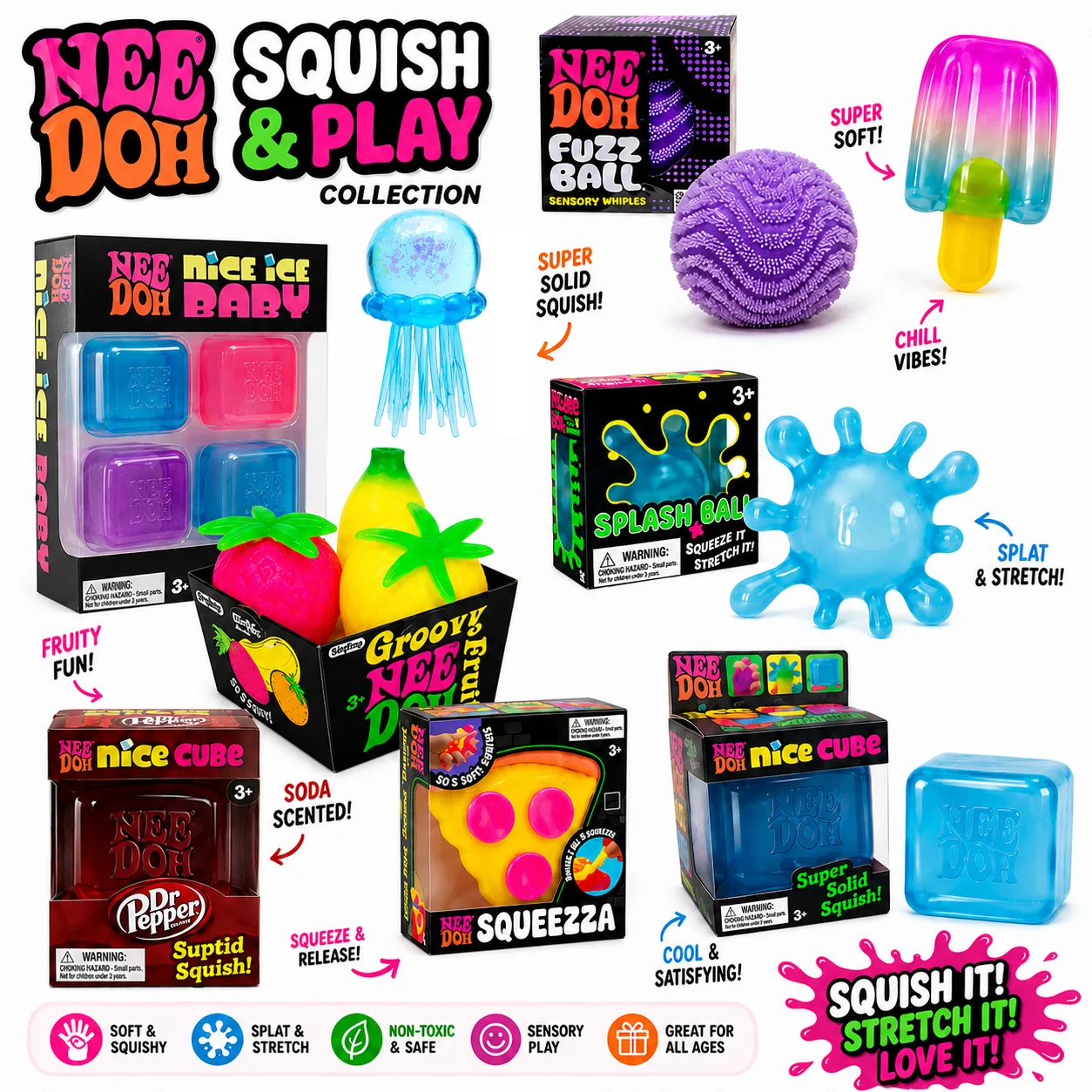 NeeDoh Sensory Squishy Toy, Jellyfish & Cube Squish Soft Gel Stress Relief Toy