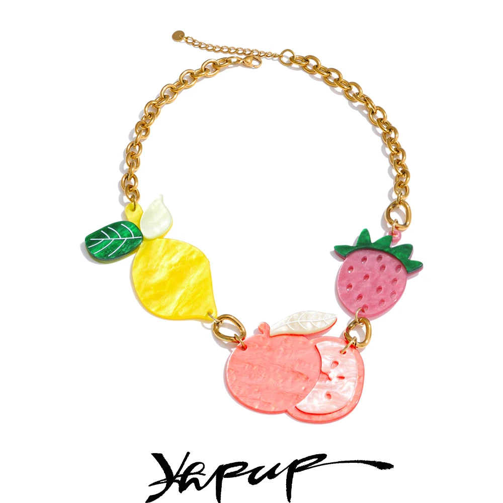 Yhpup-collar de acero inoxidable acrílico para fruta, cereza, fresa, limón, joyería para el cuello, resistente al agua