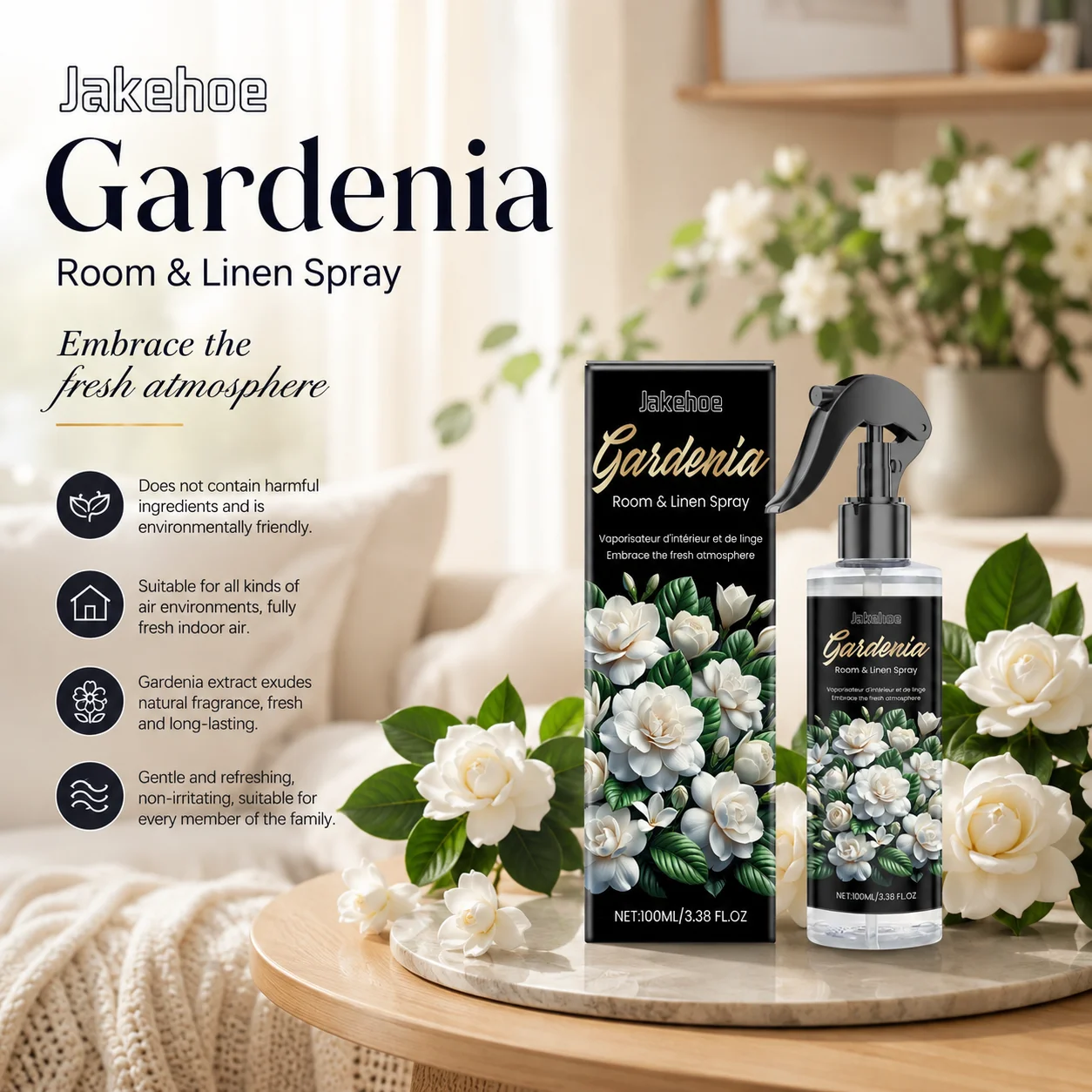 Jakehoe Gardenia Room & Linen Spray Odor Neutralization Long‑Lasting Fragrance Multi‑Scene Use Non‑Irritating Room Air Freshener