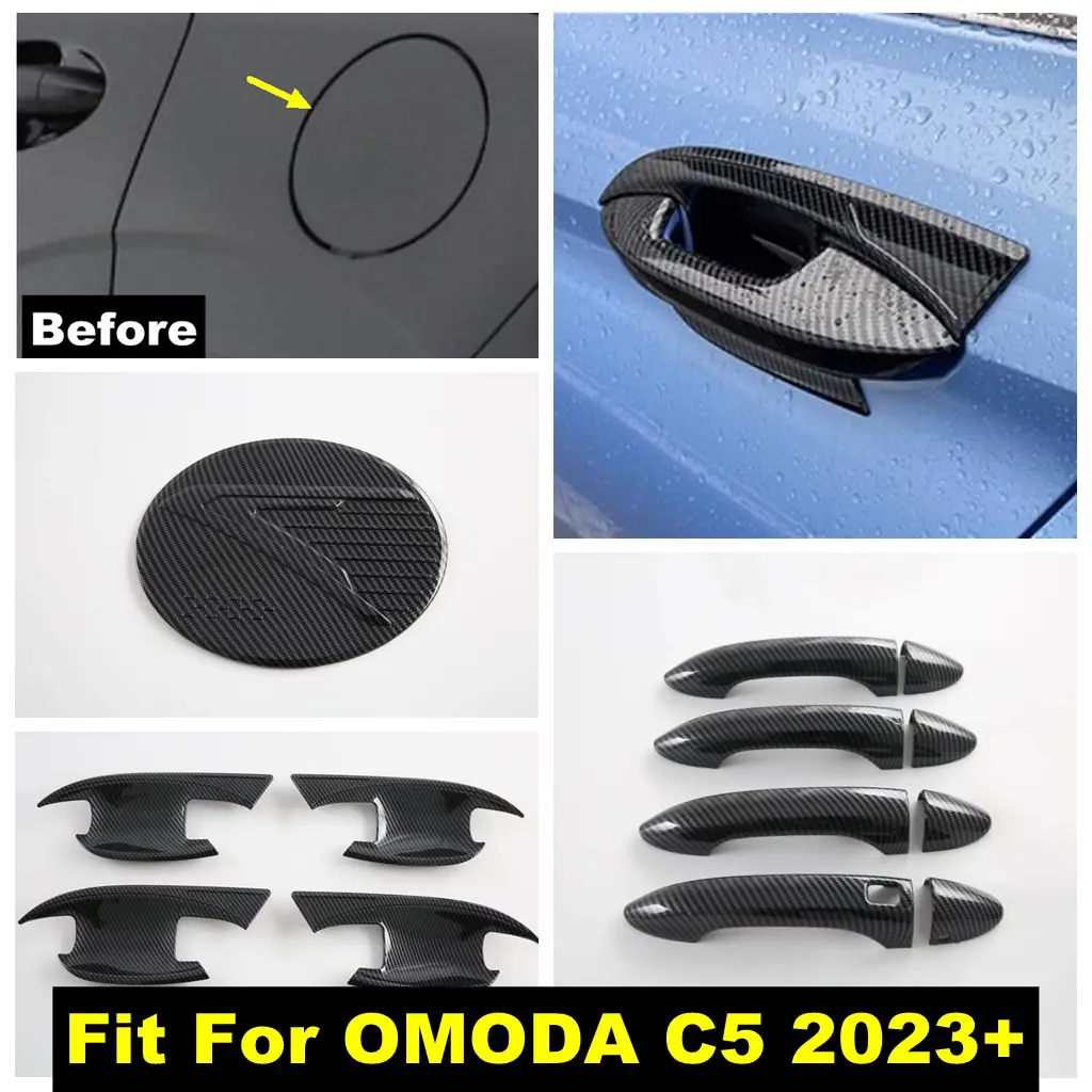 Carbon Fiber Look Car Door Handle Bowl / Fuel Oil Tank Cap Decor Protection Cover Trim Accessories For OMODA C5 2023 2024 2025