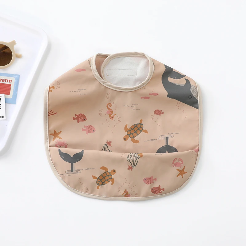 Baby Bibs PU Waterproof Cartoon Print Burp Cloth Feeding Bib Apron Pocket Infant Toddler Boys Girls Saliva Towel