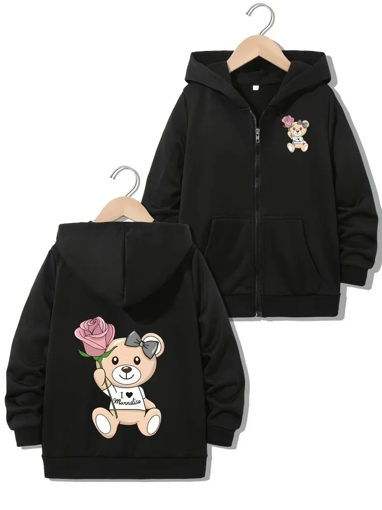 Sweet Pink Rose Bow Tie Teddy Bear Dual Print Kids Purple Zip Hoodie Pocket Design Comfort Casual Children Fashion Jacket