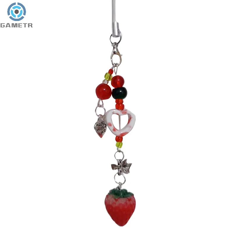 Unique Sweet Strawberry Phone Charms Pendant Cute Bow Heart Beaded Keychain Camera Schoolbag Decoration Accessories Gifts