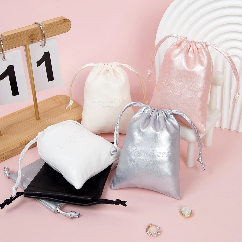 

50/100Pcs Personalized Logo Pu Leather Jewelry Drawstring Bag Ring Earring Bracelet Pendant Cosmetic Wedding Candy Storage Pouch