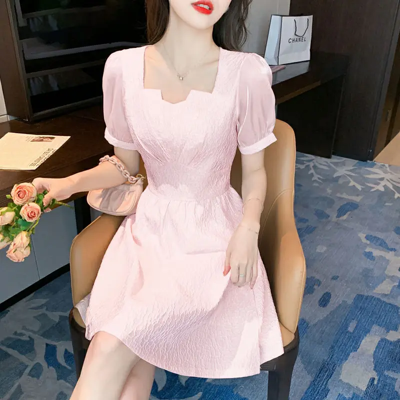 French Elegant 2024 Summer Fashion Slim Puff Sleeve Women Temperament Women Solid Color Square Neck Short Sleeve Corset Dress