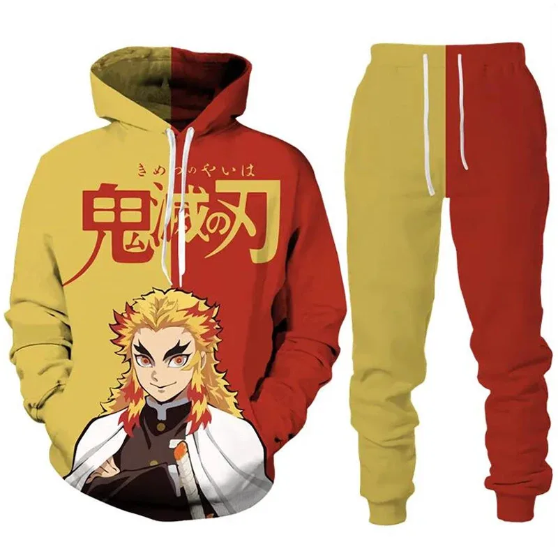 Anime Demon Slayer Hoodie 3Dพิมพ์คอสเพลย์กางเกงHoodie 2PCSชุดTracksuitผู้ชายOversize Vintage Streetwear Hoodieกางเกงเด็กชุด