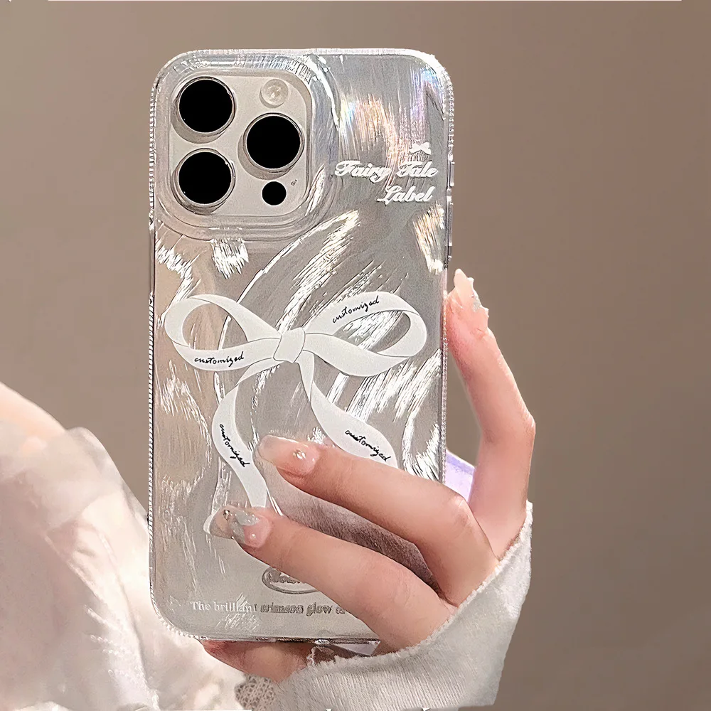 Ins Feather Gauze Glitter Simple White Bow Phone Cover Case for iPhone 16 15 14 13 12 11 Pro Max Plus