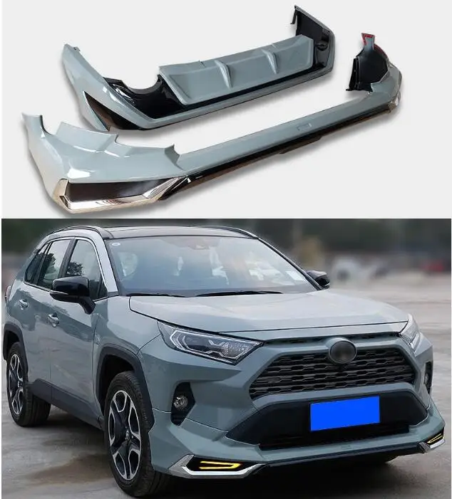 ABS Paint Body Kit For Toyota RAV4 2020 2021 2022 2023 2024 Front Bumper Lip + Rear Trunk Diffuser Cover With LED Lamp