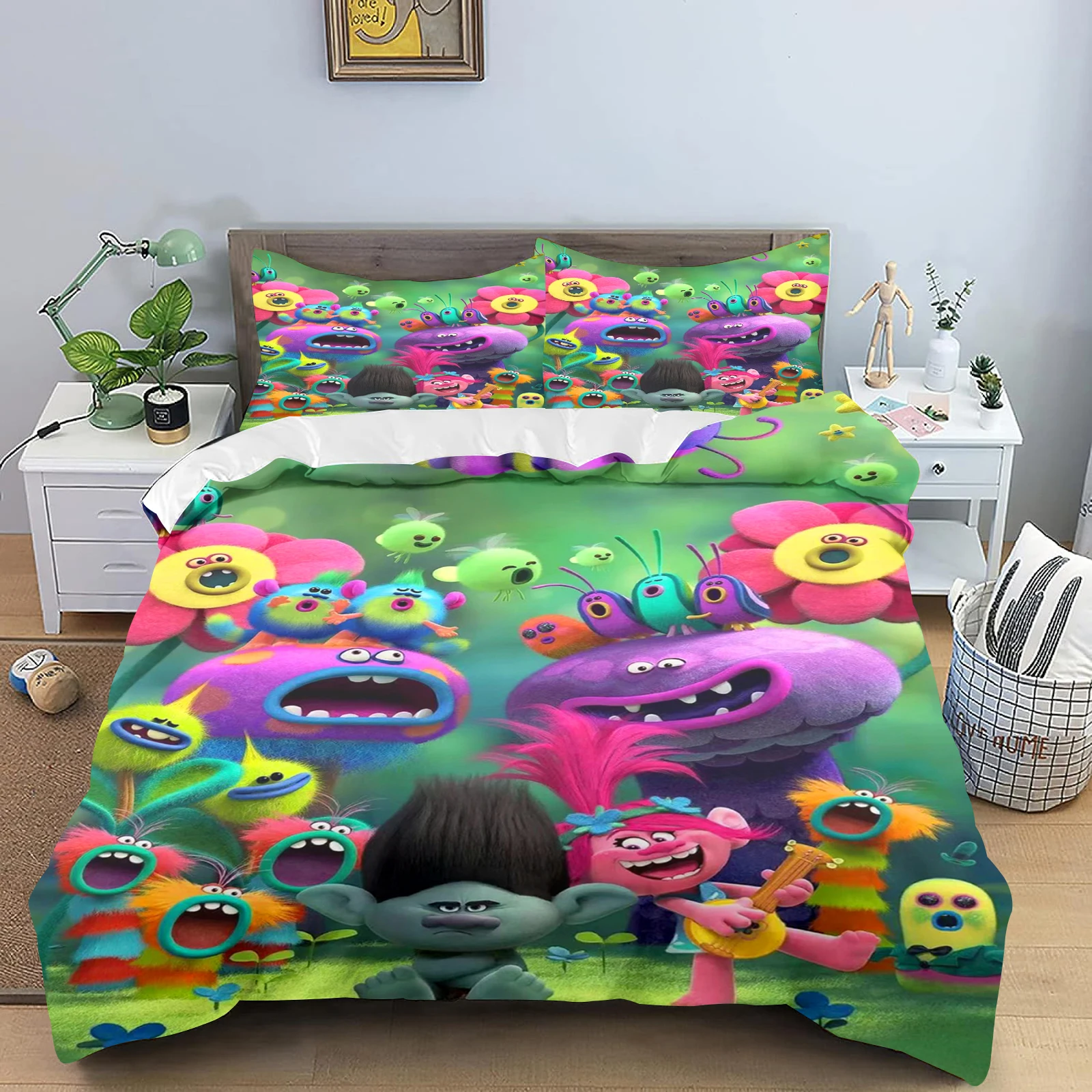 Trolls-funda nórdica con estampado de dibujos animados para niños, juego de dormitorio de poliéster, regalo para adultos, ropa de cama de 2/3 piezas