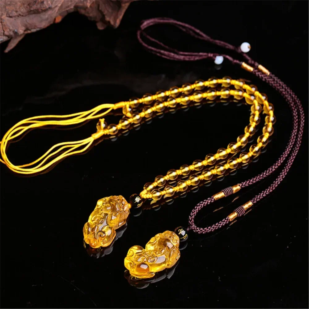 Hand Carved Natural Citrine Pixiu Pendant Men Women Bring Wealth Yellow Crystal Amulet Necklace Sweater Chain Dropship Jewelry