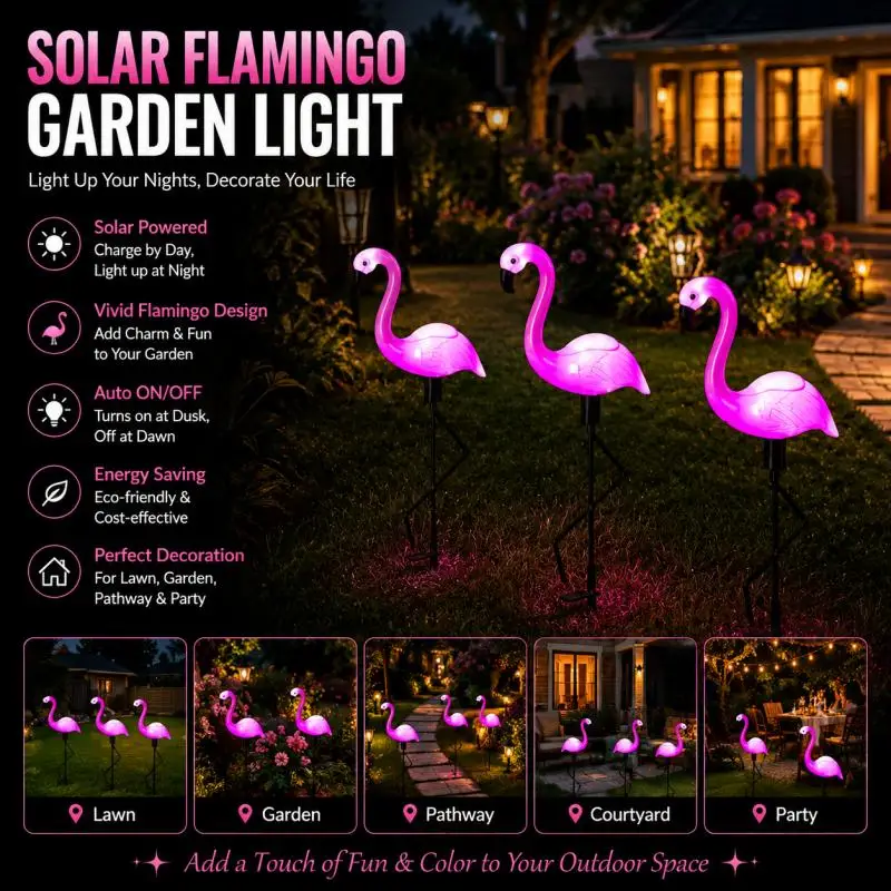 Solar Flamingo Garden Stake Light LED Outdoor Lawn Landscape Decoration Lamp for Patio Yard Courtyard Pathway Home Decor