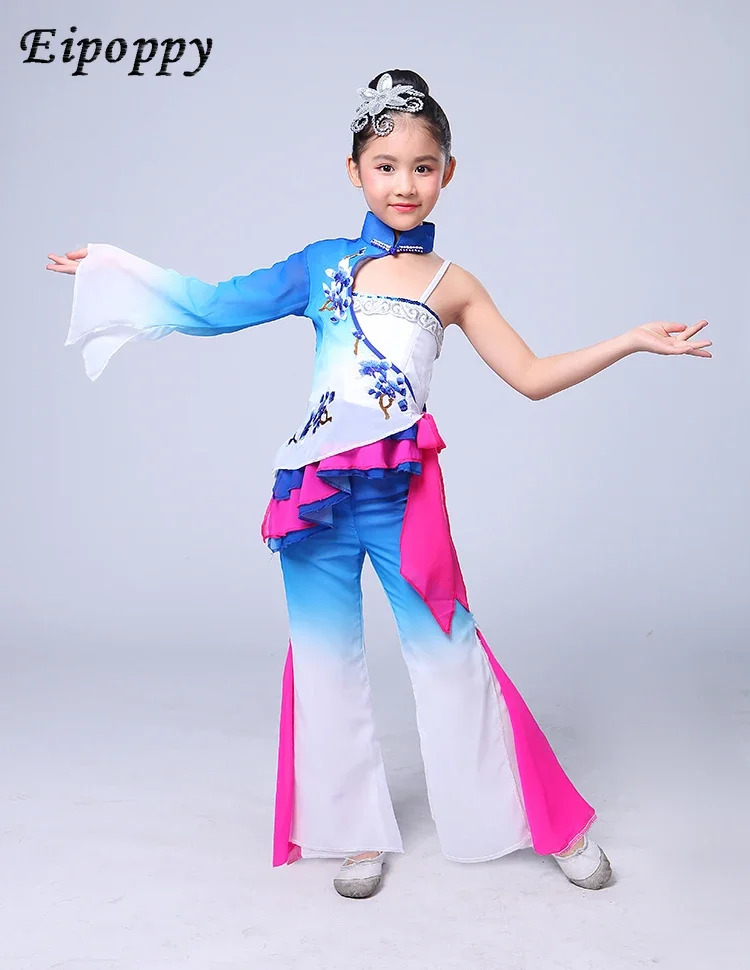 Costumes de danse classique pour enfants, danse parapluie, éventail de fleurs de pluie, danse ethnique Yangko, vêtements de performance pour filles, nouveau