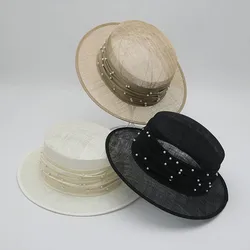 Ladies Summer Fedoras Sinamay Fansinatior Hat Pearls Band Sun Hat for Women Wide Brim Boater Hats Wedding Church Derby Headwear