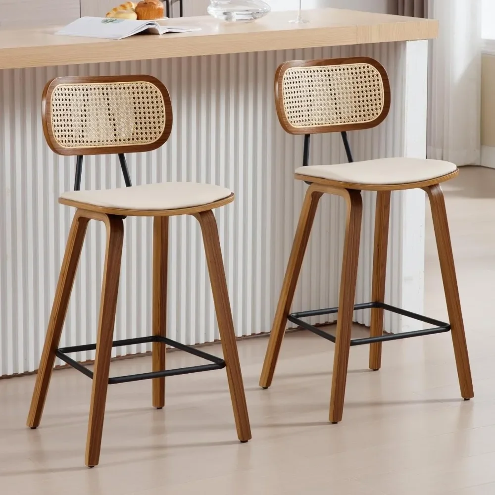 Set di 2 sgabelli da bar, sgabelli da bar da 26 pollici ad altezza bancone con schienale in rattan, imbottiti in PU con gambe in legno massello per bar di casa, caffetteria