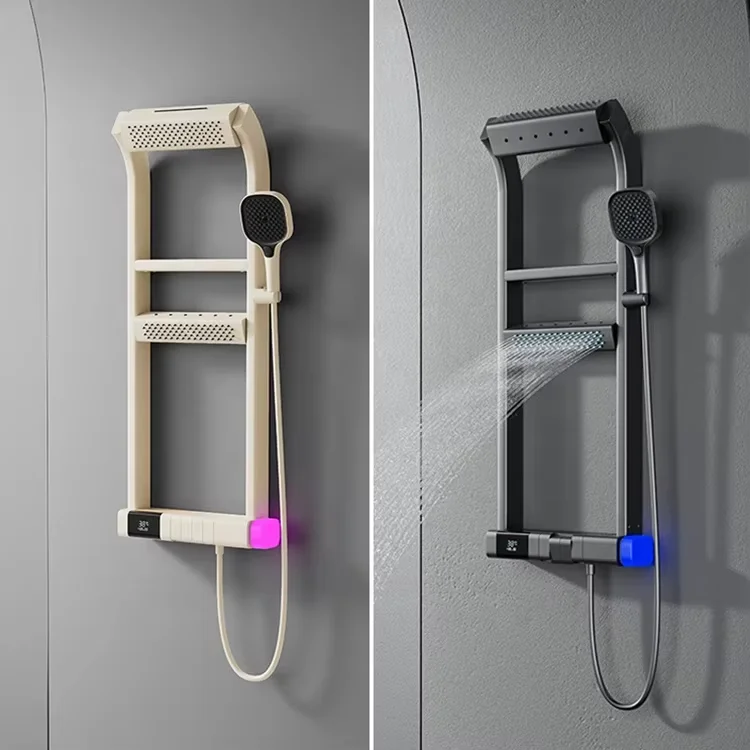 Set Shower Kamar Mandi Termostatik Layar Digital Cerdas, Panel Shower LED 360 Derajat Terpasang di Dinding, Semprotan Hujan Kuningan, Disikat
