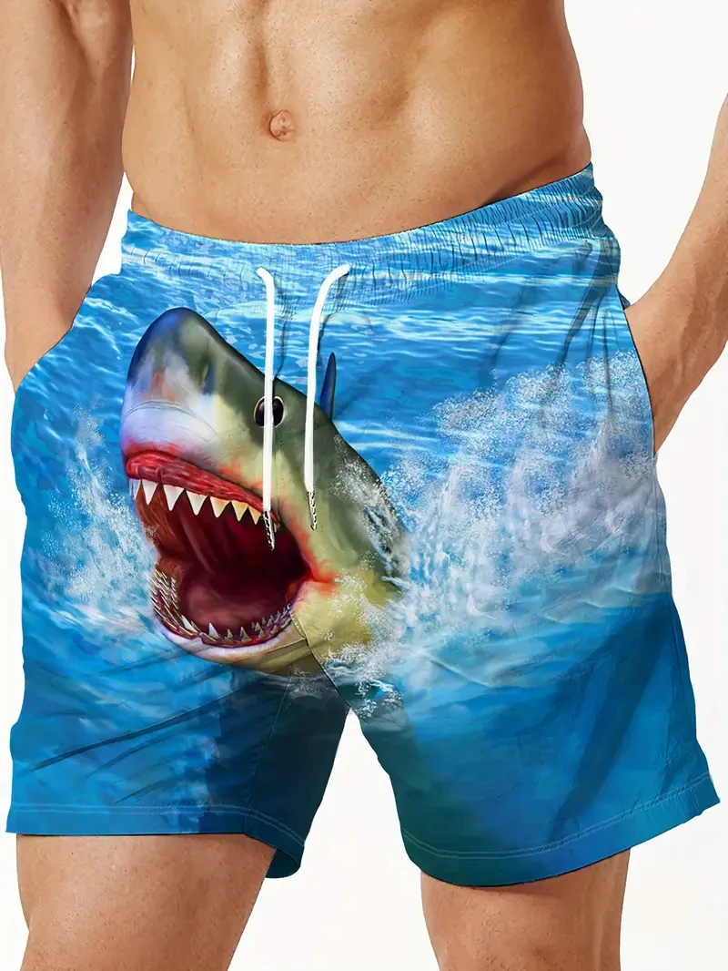 Новые мужские гавайские шорты для плавания с 3D принтом акулы, пляжные шорты, быстросохнущие спортивные шорты на открытом воздухе, модные летние мужские плавки
