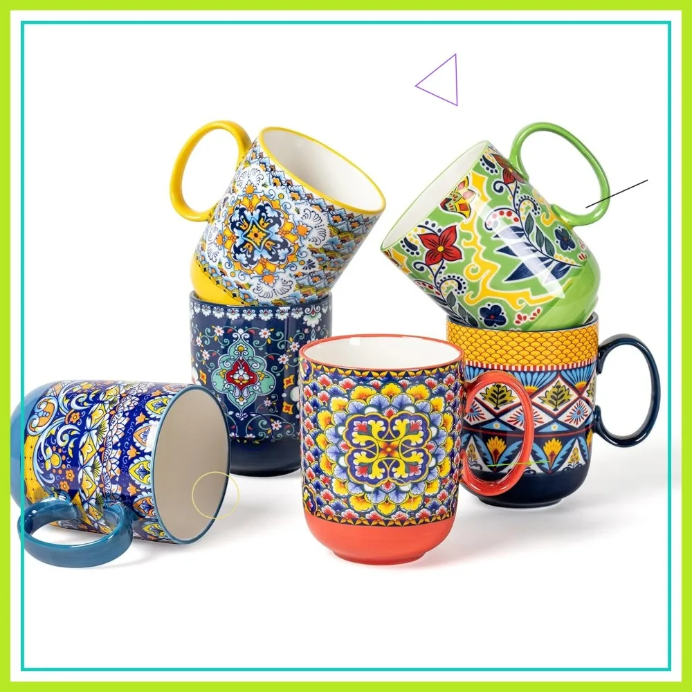 

Boho Ceramic Coffee Mugs Set of 6 - 14oz Porcelain Cups for Latte Tea Cocoa Microwave Dishwasher Safe