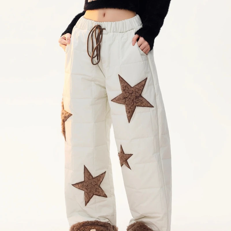 الأمريكية الرجعية رقيق الربط ستار التطريز المرأة سراويل قطنية 2025 شتاء جديد عالية الخصر عادية مستقيم بنطلون السيدات