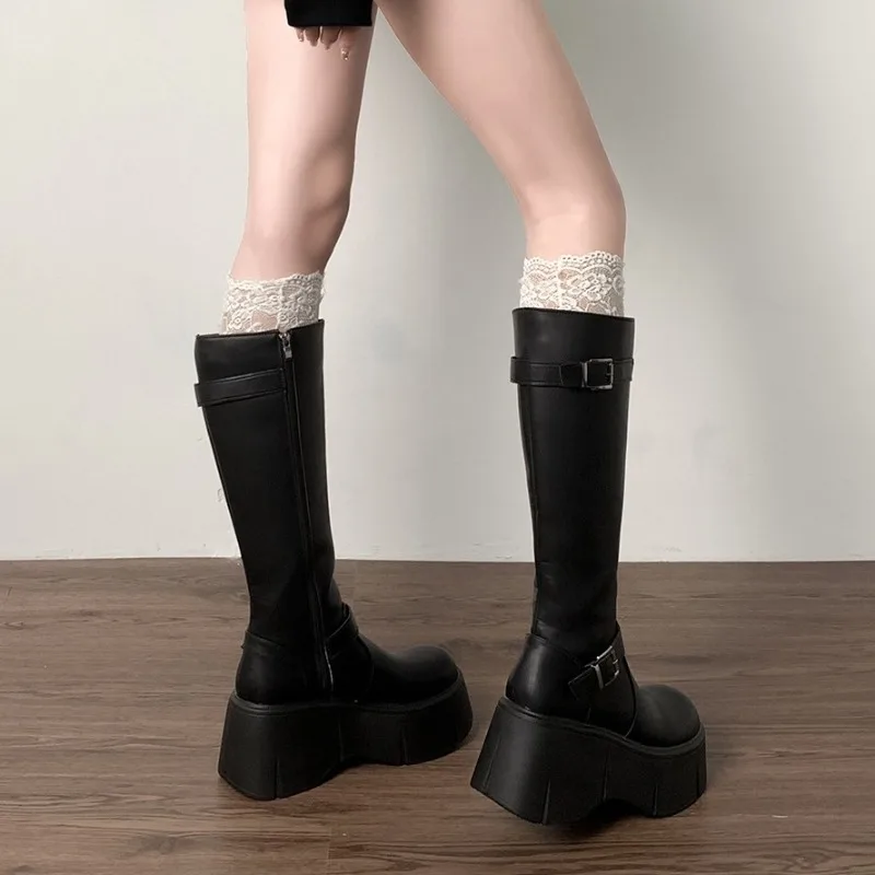 

High Boots Women Knee-long Boots Sexy Belt Buckle Zip Round Toe Wedge Platform Shoes Retro Black Height Increasing Knight Boots