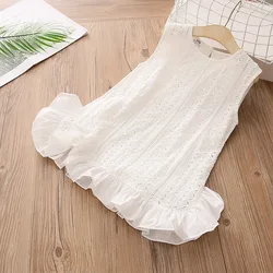 2026 Summer New 10 Years 150cm Children White Kids Lace Patchwork Sleeveless Sundress Embroidery Vest Tank Dress For Baby Girls
