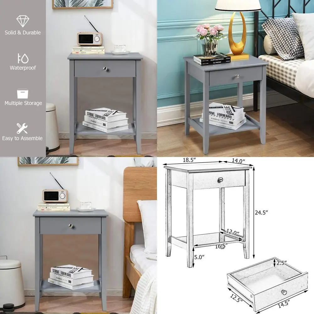 

Современная 2-уровневая прикроватная тумбочка с ящиком и полкой, на деревянных ножках, серый акцентный столик для спальни и гостиной