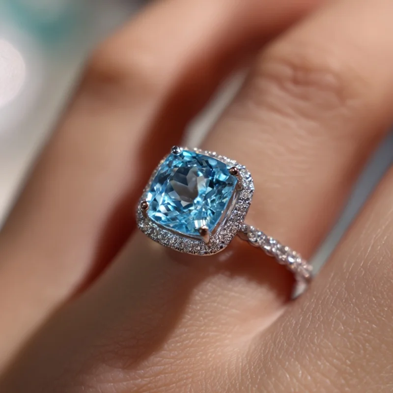 SGARIT Sky Blue Topaz 7mm Ring 925 Sterling Silver for Women Engagement Ring Party Fine Jewelry Accessories