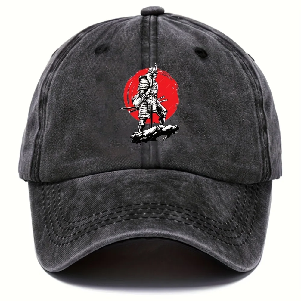 

Vintage Washed Cotton Baseball Cap With Japanese Samurai Design - Casual Outdoor Sports Hat, Hand Washable