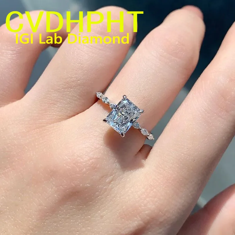 

IGI Lab Growing Diamond Ring luxury Emerald shape D Color 1 2 3Ct Solid 9K White Gold Ring Diamond wedding ring Factory