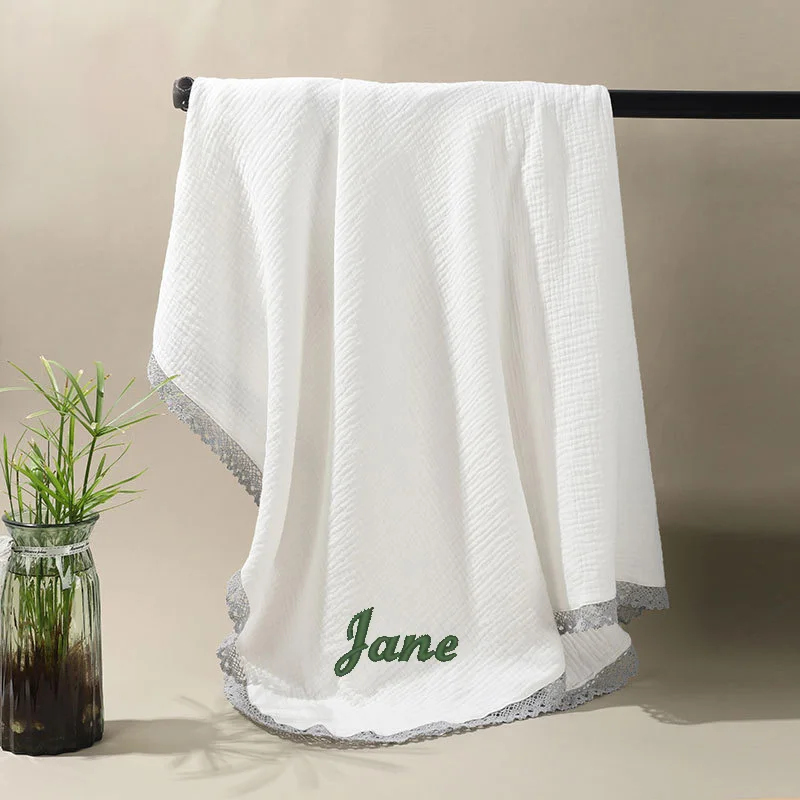 Personalized Embroidery Name Baby Bath Towel 3 Layer Gauze Swaddle Blanket Newborn Baby Cotton Kindergarten Baby Cover Blanket