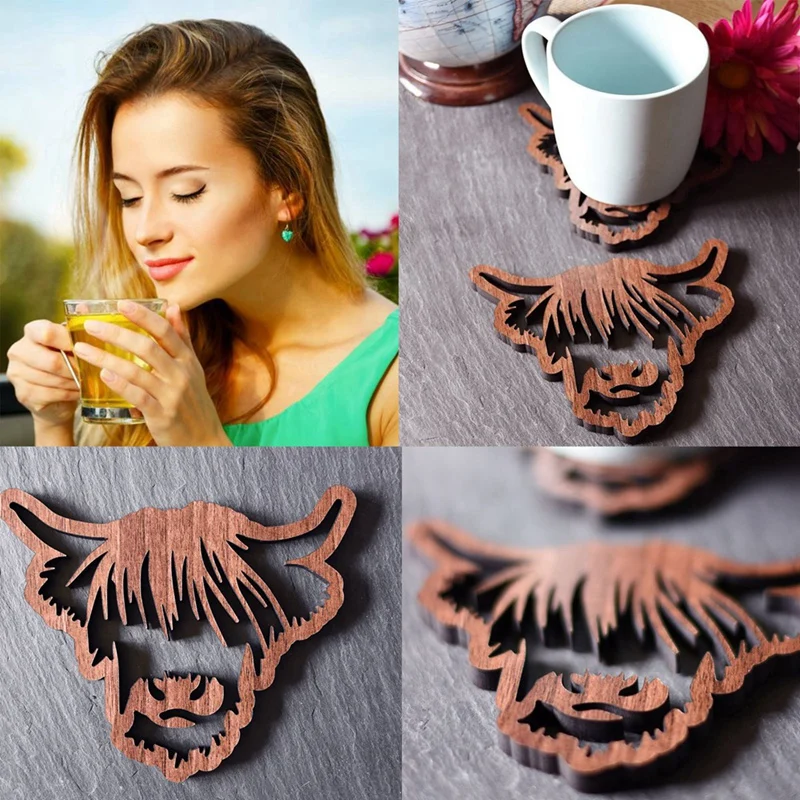 Animal Design Wooden Coasters,Wooden Highland Cow Coasters,4 PCS Scottish Highland Cow Coasters, Coasters With Base Easy To Use