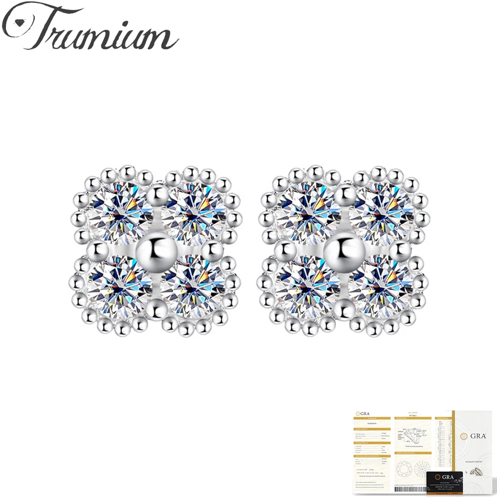 Trumium-pendientes de moissanita de 1,2 quilates para mujer, joyería 925, cuatro diamantes, flores pequeñas, pendiente de plata, regalo exquisito de lujo