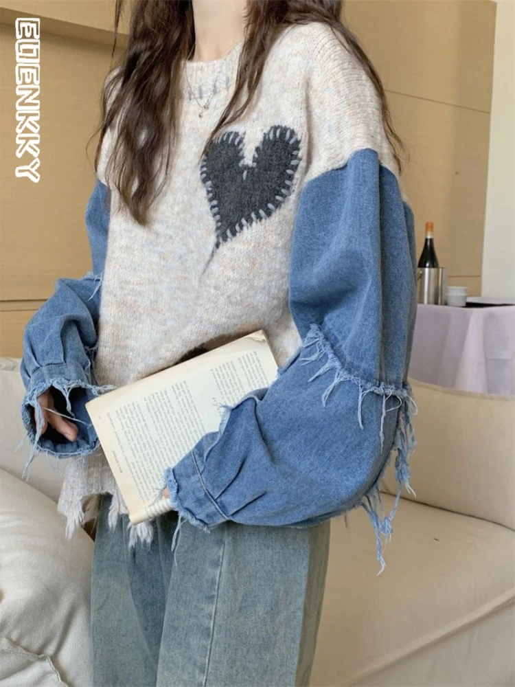 

Womens Sweater Patchwork Denim Long Sleeve O-Neck Loose Heart Chic Pullovers Simple Knitted Autumn Winter 2023 New Knit Jumpers