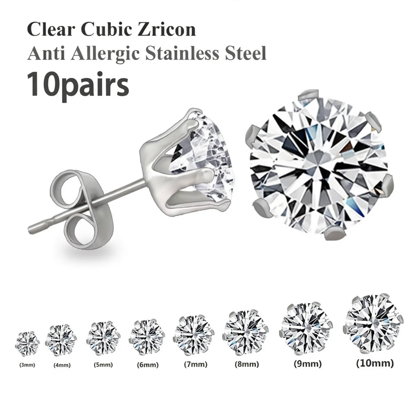 10Pairs/Set Round Clear CZ Stud Earrings 2-9mm Stainless Steel Screw Back Piercing Ear Jewelry Minimalist Versatile Daily Wear