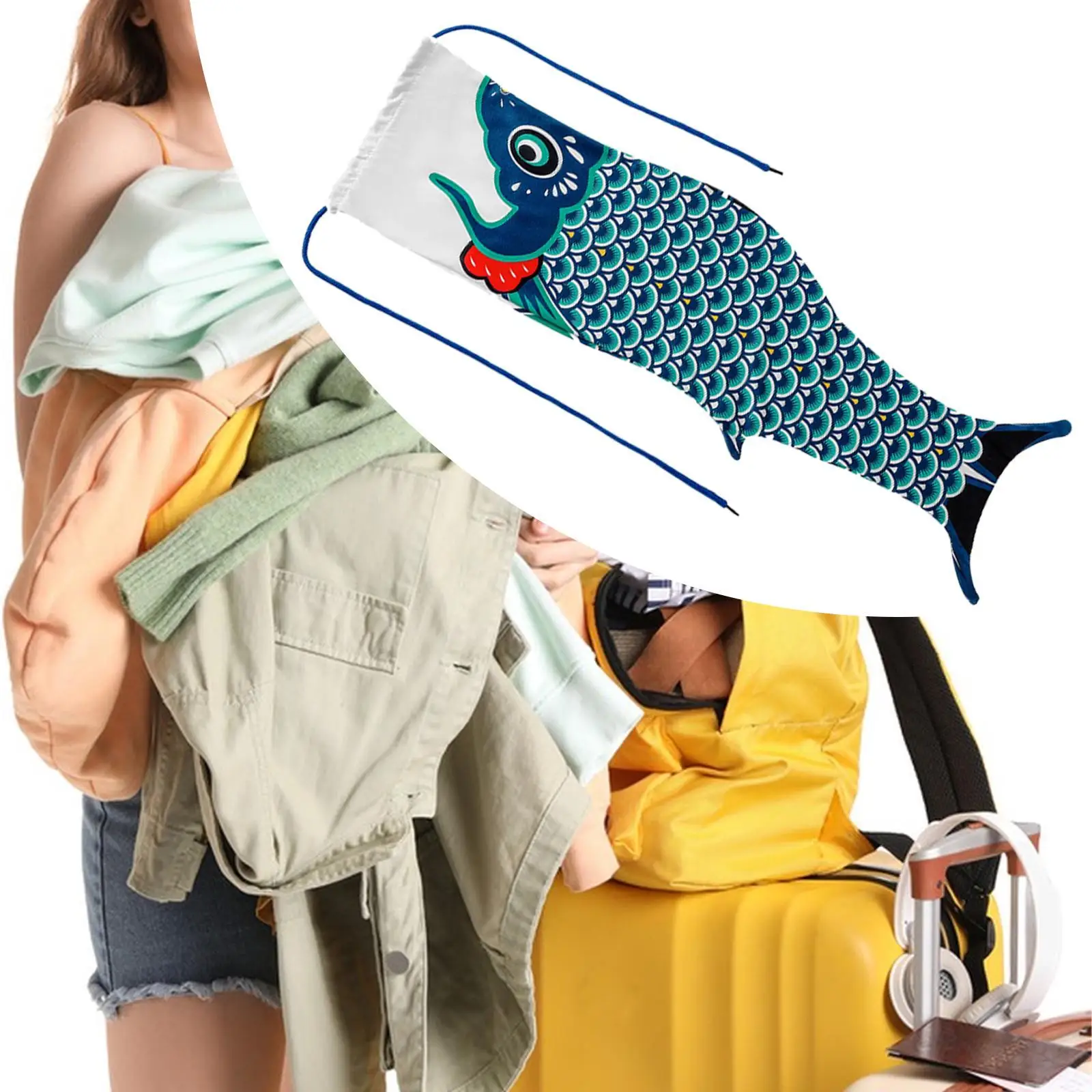 Compact Dirty Clothes Storage Bag Koi Fish Print Drawstring Closure for Dorm Camp Travel Use