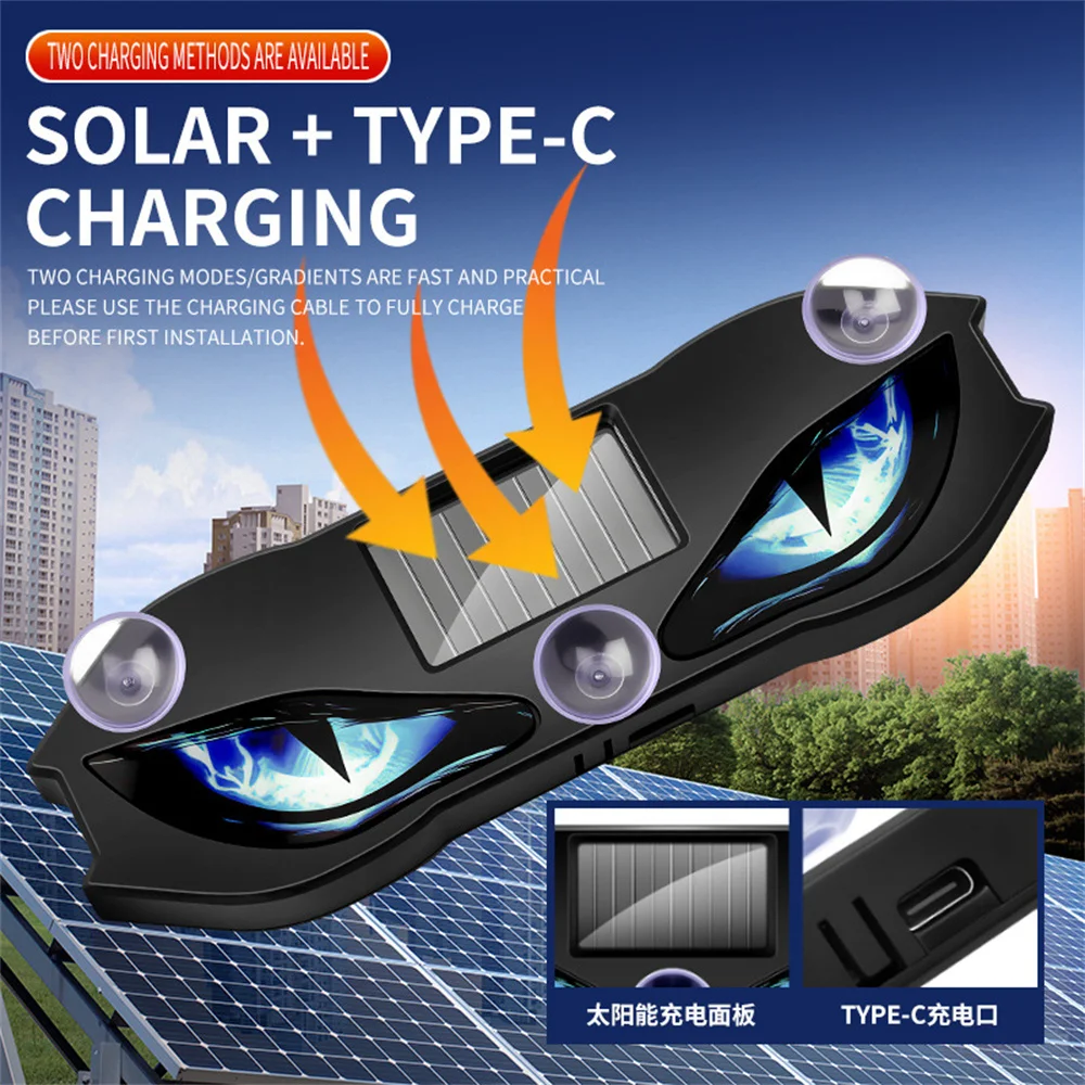 1PC Creative Car Demon Eye Light Cool Flashing Solar Warning Light Dynamic Safety Vehicle Signal Lights Universal ﻿