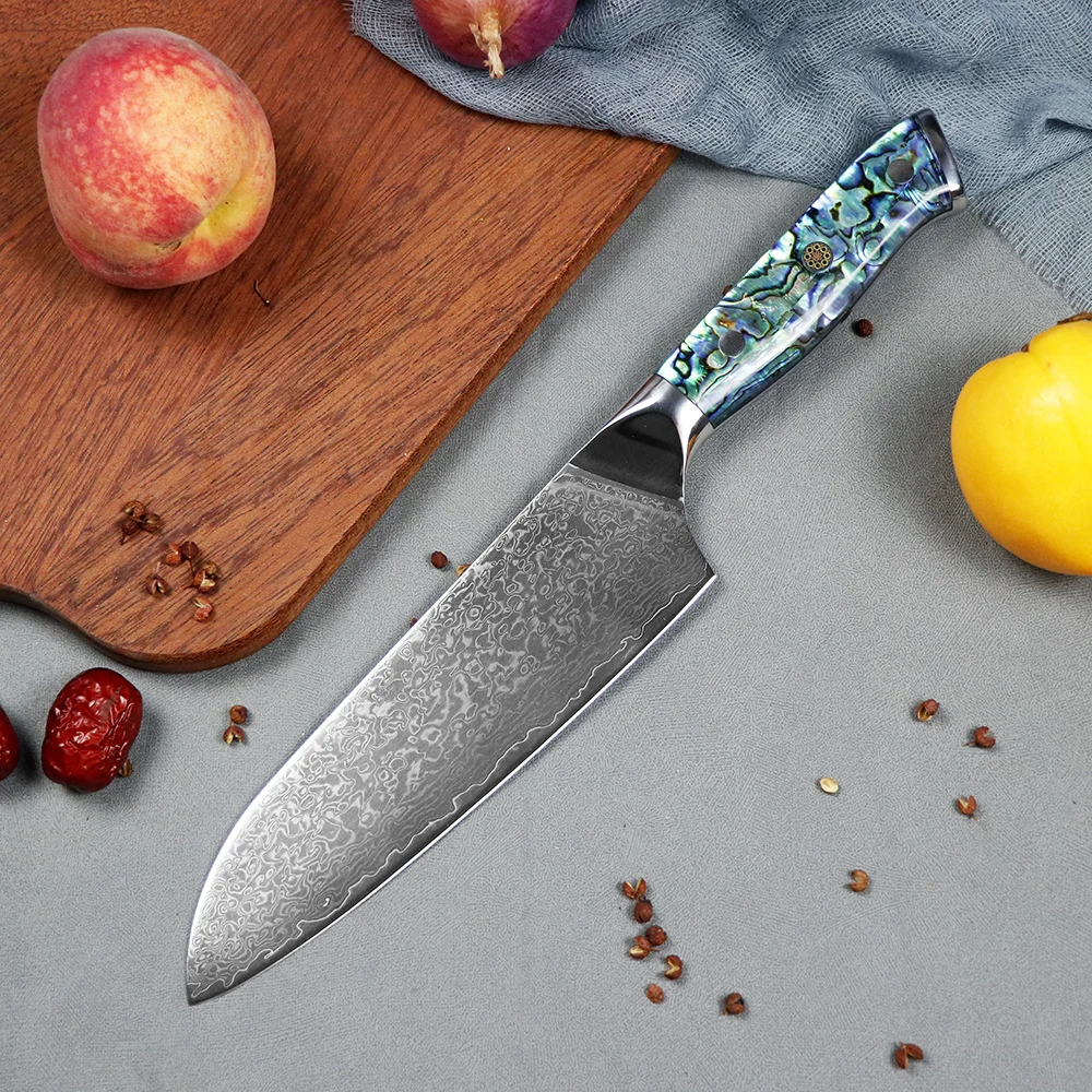 JUMCSONG67 Damascus steel 10Cr15CoMoV Steel Core Kiritsuke Santoku Knife Abalone Shell Fruit Knife Kitchen Specific Knife