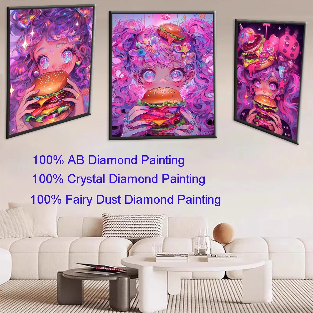 

Hamburger Girl Neon 100% Fairy Dust Square Diy Diamond Painting Cross Stitch Embroidery Mosaic Home Decor Needlework Crystal AB