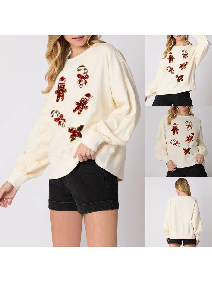 Womens Sequin Christmas Sweatshirt Gingerbread Crewneck Long Sleeve Pullover Tops Casual Streetwear