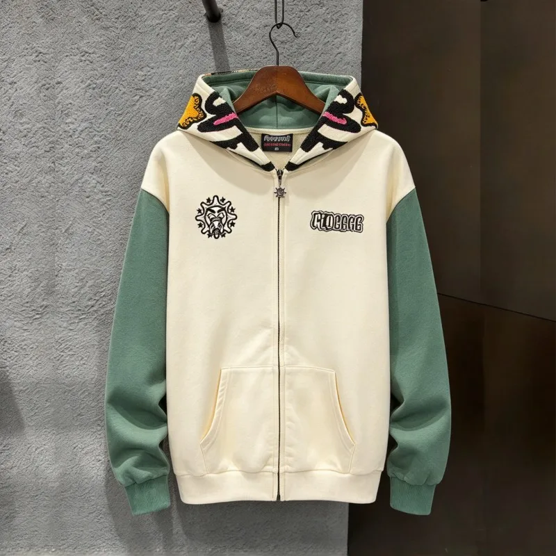 Green Patchwork Sleeves XXL Streetwear Men Women Glo Gang Zipper Hoody Towel Embroidered Sun Cartoon Pattern Joker Masked Jacket
