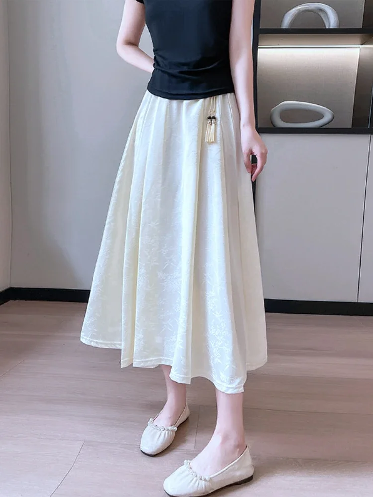 2024 New Chinese Style Long Skirts for Women Spring and Summer Solid Color Splicing Breathable Casual Versatile Thin Swing Skirt