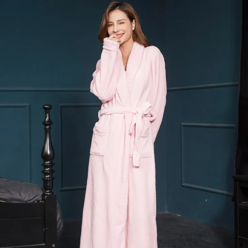 Sexy Female Bathrobe Sleepwear Flannel Nightgown Couples Men Women Lengthened Thickened Casual Home Clothes Coral Fleece Robe