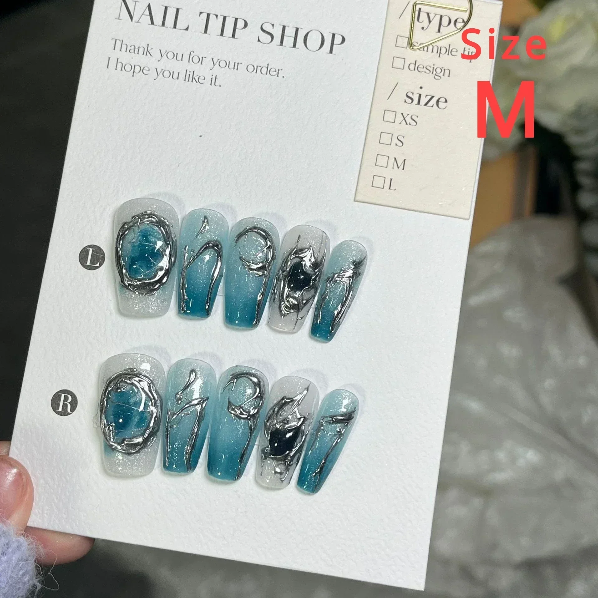 Größe m handgemachte Ombre blau 3d Effekt Mond Katzenauge drücken auf Nägel Acryl m gefälschte Nägel